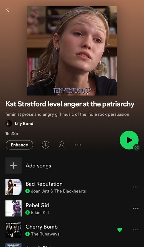 Angry Rock Songs, Angry Music Playlist, Clubbing Playlist Names, Indie Rock Songs Playlists, Kat Stratford Music Taste, Playlist Names Rock Music, Spotify Playlist Names Angry, Kat Stratford Book List, Kat Stratford Books