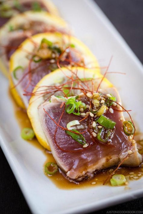 Tuna Tataki Recipe キハダ鮪のたたき - Pan seared sashimi grade tuna drizzled in a refreshing ginger ponzu sauce and finish off with sesame seeds, this tuna tataki recipe is a delicious treat for seafood lovers! #tatakirecipe #tunatatakisauce #asianseafoodrecipes #seafoodrecipesappetizers #tunarecipes #freshtunarecipes #japanesefood #asianrecipes #sashimituna #searedtuna | Easy Japanese Recipes at JustOneCookbook.com Tuna Tataki, Just One Cookbook, Tuna Sashimi, Easy Japanese Recipes, Mapo Tofu, Seared Tuna, Tuna Recipes, Sushi Recipes, Think Food