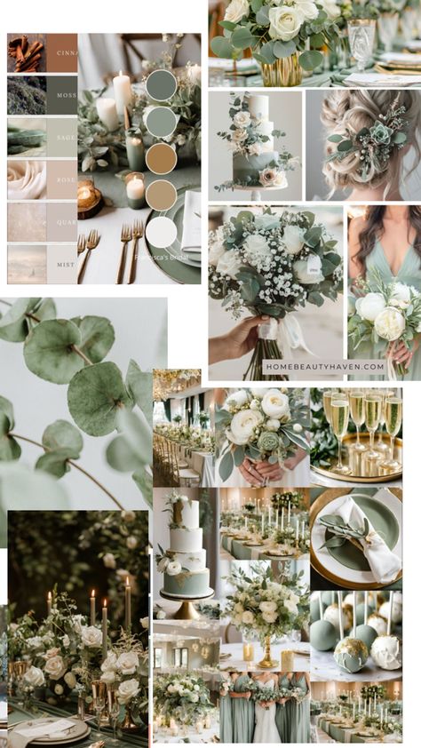 Forest Green And Eucalyptus Wedding, Wedding Color Schemes White And Green, Sage Green Color Palette Colour Schemes Wedding Inspiration, Olive Wedding Color Palette, Greenery And Neutrals Wedding, Mint And Champagne Wedding, Earth Theme Wedding, Wedding Color Palette Green Gold, Green And Champagne Wedding Party