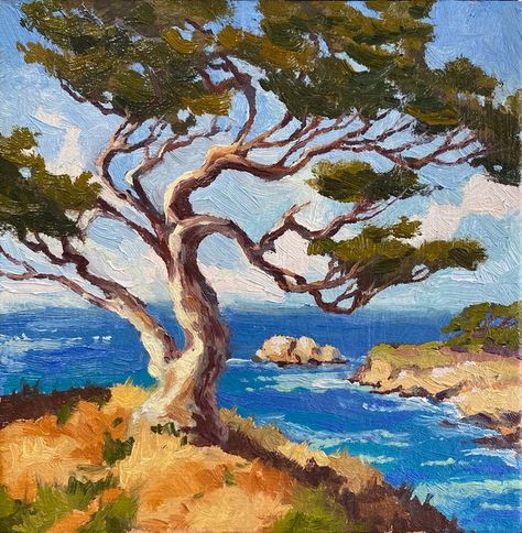 A beautiful windswept Monterey pine on the cliffside above the rocky California coastline near Big Sur. Art Oil Paintings, California Coastline, Fine Art Painting Oil, Fine Art Giclee Prints, Surf Art, Plein Air Paintings, Coastal Art, Canvas Board, Giclée Print