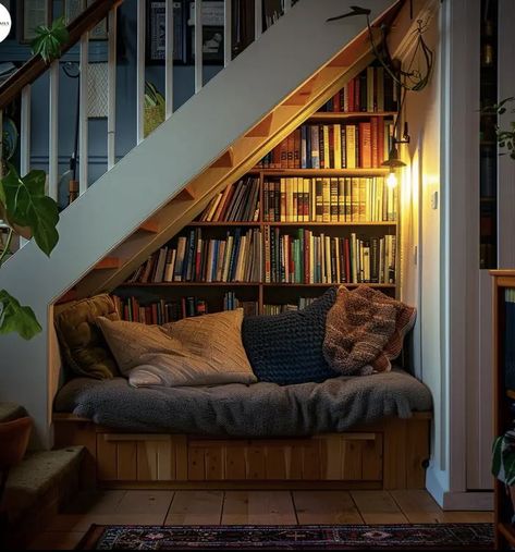 Under Staircase Reading Nook, Books Under Stairs, Book Nook Under Stairs, Under Stairs Bookshelf, Library Under Stairs, Under The Stairs Reading Nook, Under Stairs Reading Nook, Diy Understairs Storage, Book Staircase