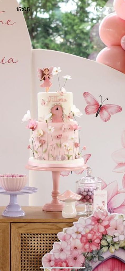 Enchanted Fairy Garden Birthday Cake, Fairy Cake Simple, Fairy And Butterfly Cake, Fairy Butterfly Cake, Fairy Birthday Party Ideas Cake, Enchanted First Birthday Girl, Fairy Birthday Cake Ideas, Simple Fairy Cake, Fairy Baby Shower Cake