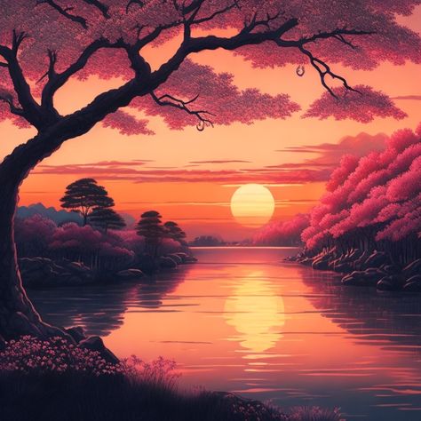 Cherry Blossom Sunset Painting, River Drawing, Japanese Sunset, Spring Trees, Landscape Tattoo, Cherry Blossom Background, Sakura Tree, Spring Tree, Japanese Manga