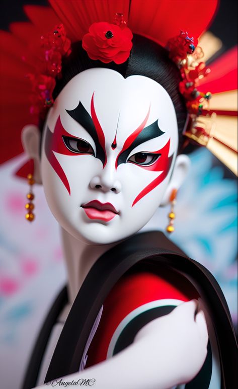 Kabuki Makeup Traditional, Ancient Japanese Makeup, Kabuki Mask Design Female, Japanese Kabuki Mask, Geisha Mask, Maya Character, Kabuki Mask, Circus Makeup, Geisha Makeup