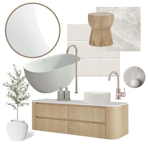 Lucy Gordon, Prime Oak, Textured Tile, Bath Spout, Light Hardwood Floors, Concrete Basin, Design Mood Board, Freestanding Bath, White Circle