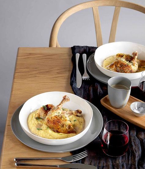 Australian Gourmet Traveller recipe for roast chicken with polenta and wild mushroom sauce from Bistro Vue in Melbourne. Chicken With Polenta, Pork Larb, Recipe For Roast, Bistro Menu, Mushroom Sauce Recipe, Bistro Food, Wild Mushroom, Mushroom Sauce, French Bistro