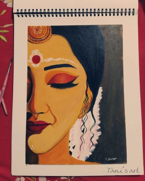 Oli painting on A4 size canvas paper A4 Size Painting, Indian Women Painting Easy, Maa Durga Abstract Painting, Bengali Bride Painting, Easy Indian Paintings, Painting Ideas On A4 Paper, Simple Acrylic Paintings On Paper, Traditional Paintings Indian, Indian Art Paintings Traditional