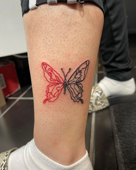 Black And Red Tattoos For Women Arm, Black And Blue Tattoos For Women, Small Tattoo Ideas With Color, Red Black Butterfly Tattoo, Small Black And Red Tattoo, Red Knee Tattoo, Red Rabbit Tattoo, Red And Black Fine Line Tattoo, Faded Red Tattoo