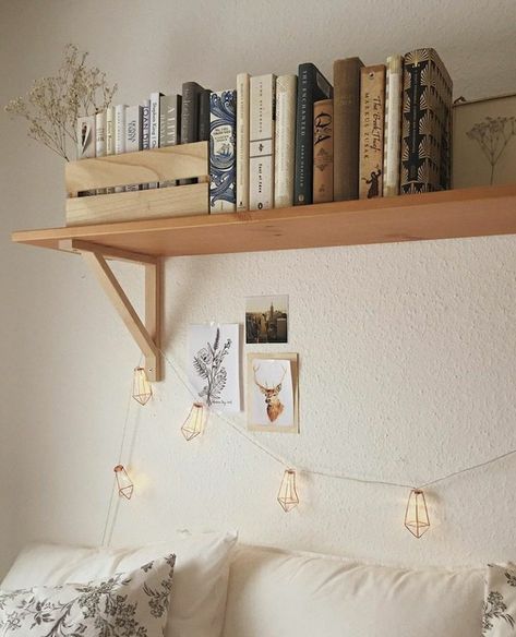 Bookshelf Above Bed, Shelf Above The Bed, Above Bed Shelf, Shelf Over Bed, Bed With Lights, Bookshelves Bedroom, Bedroom Bookshelves, Shelf Above Bed, Shelf Decor Bedroom