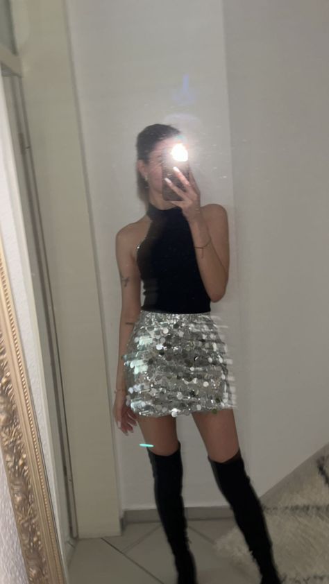 Party Outfit, Silver Party Outfit Silver Glitter Skirt Outfit, Silver Skirt Outfit Party, High Boots Outfit Party, Knee Boots Party, Silver Party Outfit, Knee High Boots Outfit Party, Glitter Skirt Outfit, Silver Skirt Outfits, Skirt Boots Outfit