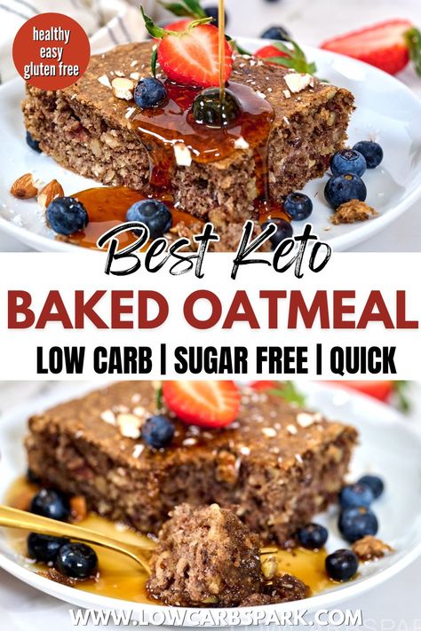 Energize your mornings with our delicious Keto Baked Oatmeal! No oats, no sugar, just a wholesome, low carb alternative that's naturally gluten-free and super satisfying. Start your day with a burst of flavor! Keto Baked Oatmeal, Baked Oatmeal Chocolate, No Carb Breakfast, Low Carb Oatmeal, Oatmeal Dessert, Unique Breakfast, Baked Apple Oatmeal, Keto Oatmeal, Sugar Free Breakfast