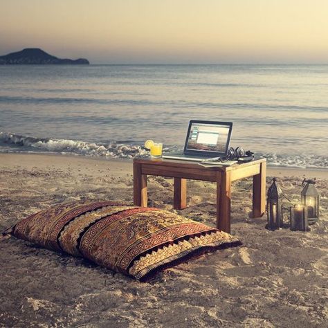 Beach Office ... Perfect place to work! #beach #office Ocean And Beach, Beach Office, Dream Office, Forever Living Products, Moroccan Decor, Low Tables, Coworking Space, Digital Nomad, Norfolk