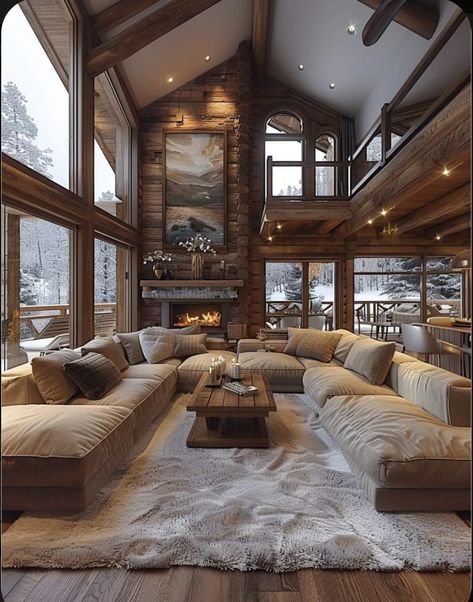 Family Room With Cathedral Ceiling, Interior Design Chalet, Future Home Ideas Interior Design, Luxury Cottage Interior, Must Have House Features, Cozy Big House, Mountain Home Aesthetic, Rustic Interior Design Living Room, Cool Home Features