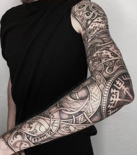 From conveying identity and belonging to embodying spirituality and status, tribal tattoos continue to be a powerful means of self-exp Viking Tattoos For Men, Celtic Sleeve Tattoos, Traditional Viking Tattoos, Celtic Tattoos For Men, Viking Warrior Tattoos, Norse Mythology Tattoo, Scandinavian Tattoo, Viking Tattoo Sleeve, Tattoo Band