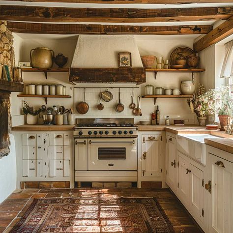 15+ Cottage Style Kitchen Ideas That Wow • 333+ Inspiring Lifestyle Ideas Cottage Kitchen Refrigerator, Victoria Kitchen Ideas, Cottage Themed Kitchen, Tiny Cottage Kitchens Small Spaces, Italian Cottage Kitchen, Small Cottage Kitchen Ideas Layout, Cottage Core Aesthetic Kitchen, Over Fridge Decor, Cottage Kitchen Green