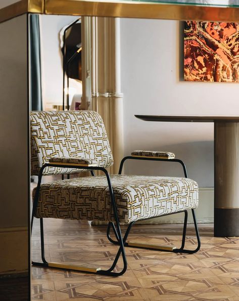 Combining high levels of comfort and style, the Apollo armchair embodies Duistt’s dedication to producing fine contemporary furniture. The chair's simple bent metal frame supports a cushioned seat and a separate backrest. Brushed-brass details add a simple decorative flourish. Like all of Duistt’s furniture, the Apollo armchair is made by hand in Portugal and is available in a range of custom sizes and materials. This chair can be used to provide an elegant accent piece in any contemporary living area. For COM options, please contact us. Pattern Armchair, Patterned Armchair, Wall Sculpture Art, Easy Chair, Table Storage, Contemporary Living, Floor Lamp Table, Floor Lights, Summer House