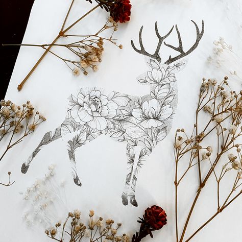 Deer Skull Floral Tattoo, Deer With Flowers Tattoo, Feminine Deer Tattoo, Fine Line Deer Tattoo, Elk Tattoo Feminine, Antler And Flower Tattoo, Stag Tattoo Feminine, Deer Tattoos For Women Beautiful, Deer Flower Tattoo