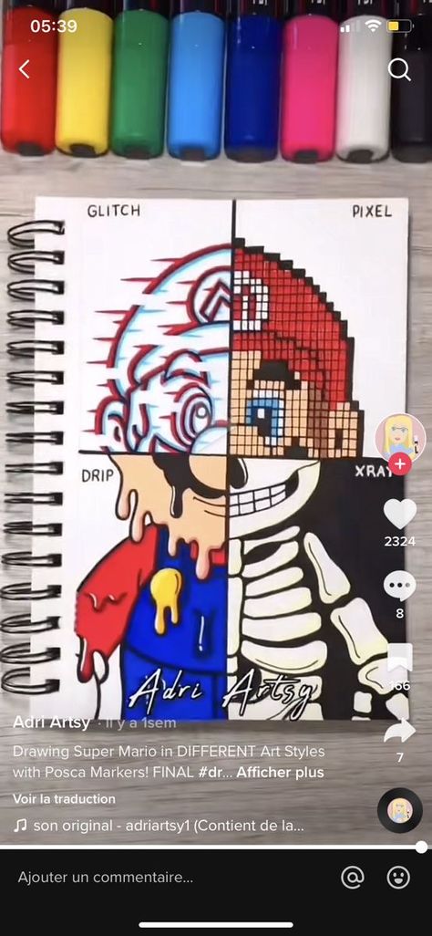 4 Different Styles Drawing, 4 Style Drawing, Drip Effect Drawing, Glitch Drawing Ideas, Drip Drawing Ideas, Posca Drawing Ideas, Mario Drawing, Posca Drawing, Simple Art Drawings