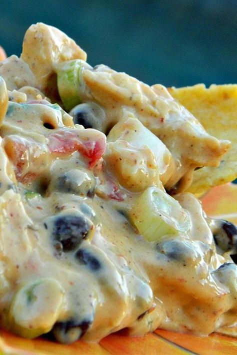 These chicken nachos are a quick and easy nachos recipe! Cook the best nachos using Rotel, Velveeta cheese, chicken breast, sour cream, taco seasoning, jalapeno pepper, and black beans. You will love cooking this nachos recipe for an easy appetizer, finger food, football food, or Super Bowl food. Chicken Nacho Dip Recipe, Warm Chicken Nacho Dip, Chicken Nacho Dip, Nacho Dip, Chips Dip, Dump Dinners, Cheesecake Dip, Chicken Nachos, Cooking Chicken To Shred