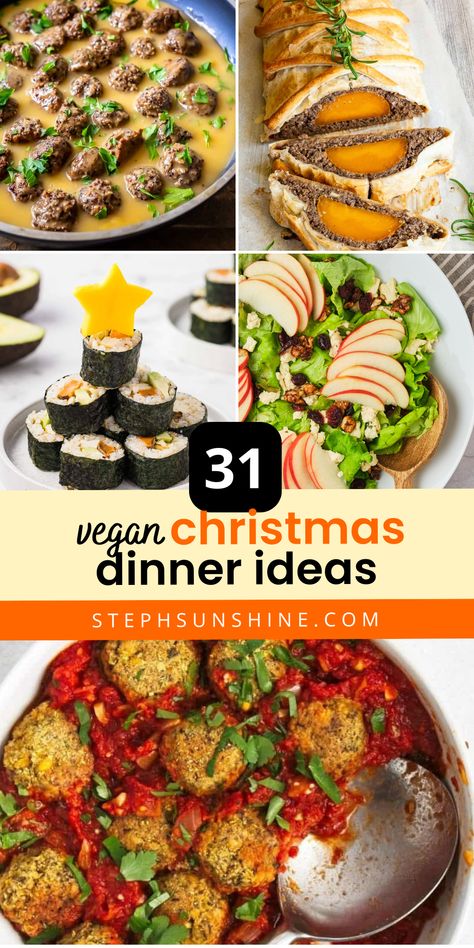 A collage of 5 vegan Christmas dinner ideas, including vegan Swedish meatballs, vegan butternut squash Wellington, vegan Christmas sushi, apple walnut salad, and vegan chickpea meatballs. Vegan Holiday Meals Main Dishes, Christmas Side Dishes Vegetarian, Vegan Dinner Party Dessert, Vegan Entree Recipes Main Dishes, Vegan Sides Christmas, Easy Vegetarian Christmas Dinner, Vegan Christmas Main Dish, Easy Vegan Christmas Dinner, Vegan Christmas Side Dishes