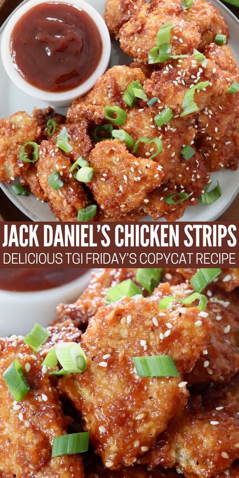 These Jack Daniels Chicken Strips are a delicious copycat recipe from TGI Fridays! They're made with panko sesame crusted chicken strips, tossed in a mouthwatering whiskey bbq glaze. For this recipe, you can cook the chicken in an air fryer, pan fry it on the stove or bake it in the oven. Once it's perfectly crispy, toss it in the signature whiskey glaze for an incredibly flavorful appetizer or party dish! Tgif Fridays Jack Daniels Sauce, Chicken Strips Recipe, Jack Daniels Glaze Tgi Fridays, Jack Daniels Chicken Recipe Tgi Fridays, Copycat Tgif Jack Daniels Sauce, Jack Daniels Chicken, Grilled Chicken Strips Recipes, Tgi Fridays Jack Daniels Sauce, Whiskey Chicken