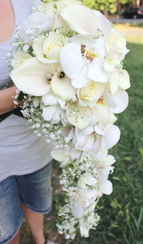 White Orchid Bouquet Cascading, White Orchid And Rose Bouquet, All White Cascading Bouquet, White Hand Bouquet Wedding, All White Bridal Bouquet Cascading, Orchid And Peony Bouquet, Cascading Wedding Bouquets Orchids, White Orchid Bouquet Wedding, White Orchid Wedding Bouquet