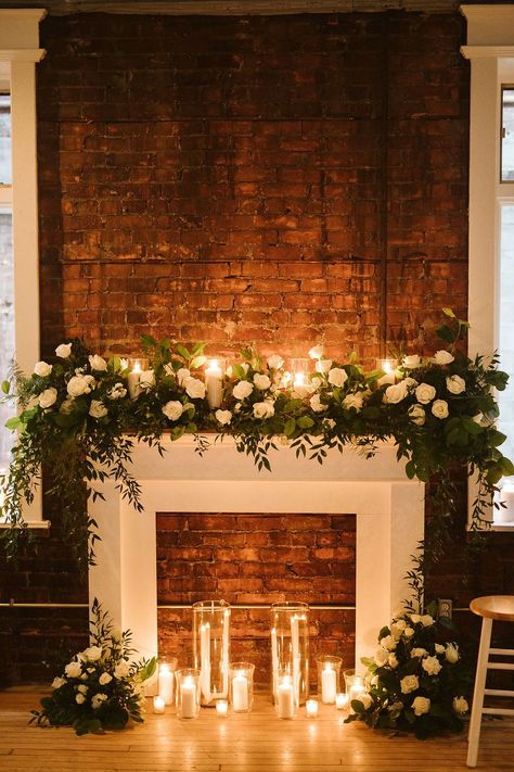 Wedding Mantle, Wedding Fireplace, Hamilton Wedding, Factory Wedding, Christmas Wedding Decorations, Wedding Alters, Niagara Wedding, Wedding Decoration Ideas, Candles In Fireplace