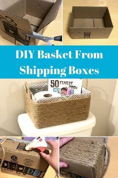 DIY rope basket- Upcycle your old box into the perfect storage solution. Organize your bathroom or your home with this great budget friendly upcycle. Organize your home on a budget. #diy #budget #organize #upcycle #hometalk #boxes #bathroom #homeorganization Rope Basket Diy, Diy Rope Design, Basket Upcycle, Storage Baskets Diy, Diy Crafts Ideas, Diy Rope Basket, Basket Diy, Rope Projects, Rope Diy