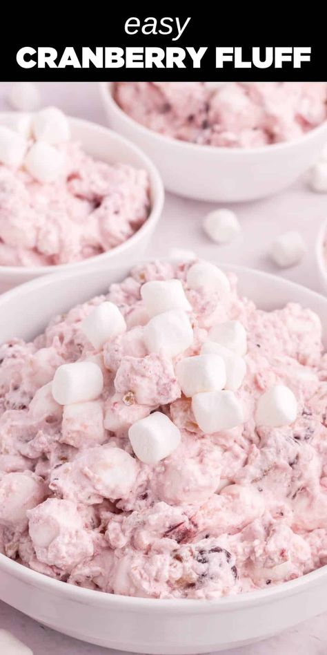 pink cranberry fluff with mini marshmallows in white bowl Cranberry Fluff Recipe, Cranberry Fluff Salad, Cranberry Jello Salad, Cranberry Salad Recipes, Cranberry Fluff, Congealed Salad, Fluff Salad Recipes, Cranberry Dessert, Canned Cranberries