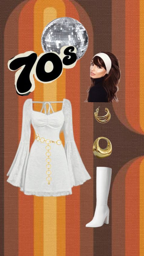 White bell sleeve dress with accessories and 70’s style hair. 70’s disco ootd. 70s Outfits Disco, Retro Disco Outfit, 70s Disco Hair, White Bell Sleeve Dress, 70s Hair And Makeup, 70s Disco Dress, 70s Disco Outfit, Disco Hair, 70’s Disco