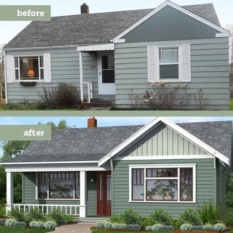 Cottage Exterior Before And After, Ranch House Exterior With Dormers, Front Porch Remodel Before And After, House Exterior Before And After, Front Porch Remodel, Renovation Plan, Front Porch Addition, Veranda Design, House Makeovers