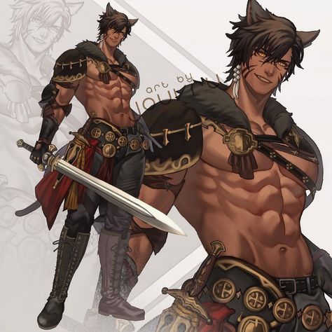 Cat Oc Human Male, Kemonomimi Male, Dragon Man Art, Buff Oc Male, Muscle Man, Beastman Fantasy Art, Cat Boy, Miqo'te Male, Monster Hunter Male Armor