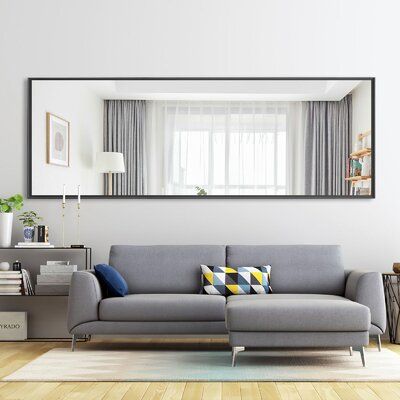 Horizontal Mirror On Wall, Mirrors In The Living Room, Modern Wall Mirror Decor Living Room, Living Room Big Mirror, Mirror Design Wall Entryway, Horizontal Mirrors On Wall Living Room, Rectangular Mirror Living Room, Rectangle Mirror Wall Decor Living Room, Mirror Behind Couch