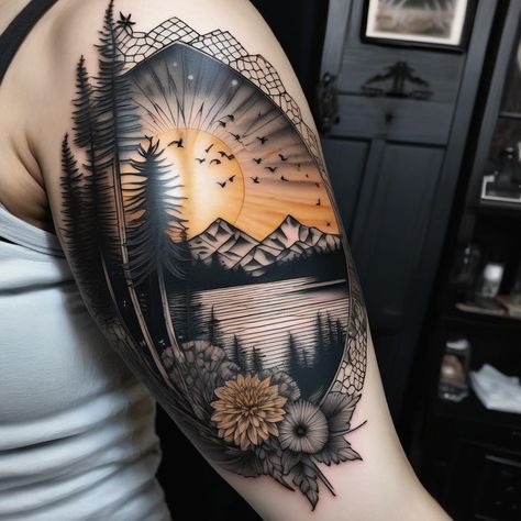 American Traditional Landscape Tattoo, Fall Scene Tattoo, Diamond Mountain Tattoo, Mountain Arm Tattoo Women, Mandala Mountain Tattoo, Sunset Tattoo Black And White, Sunrise Tattoos For Women, Black Hills Tattoo, Mountain Sunset Tattoo