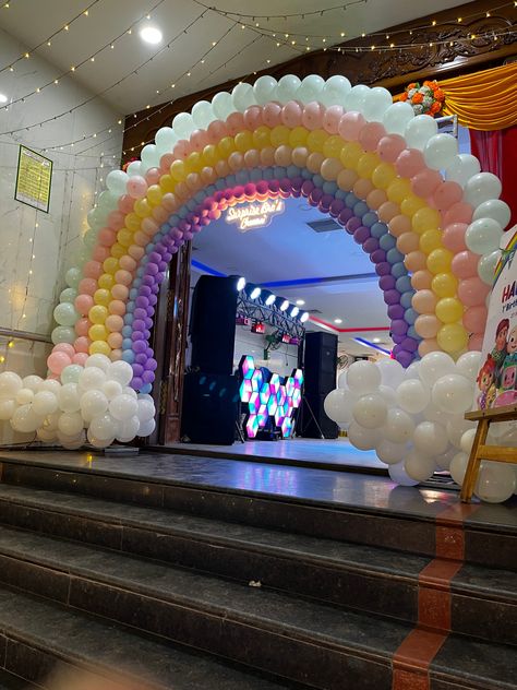 A range of Pastel colours for our Favourite Cocomelon Theme Decor Entrance arch Birthday Entrance Decor Entryway, Balloon Entrance Decor, Cocomelon Birthday Theme Decoration, Entrance Balloon Arch, Birthday Lights Decoration, Cocomelon Backdrop, Arch Decoration Ideas, Balloon Gate, Simple Balloon Decoration