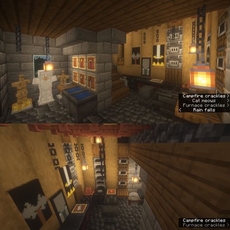 Smelting Room Minecraft Ideas, Blacksmith Area Minecraft, Minecraft Forge Room Ideas, Minecraft Brewing Area Ideas, Smithing Table Minecraft, Minecraft Armourer's Workshop, Anvil Room Minecraft, Minecraft Workshop Design, Minecraft Weaponsmith Interior