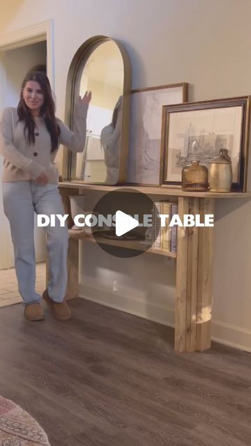 SHAYNA ALNWICK on Instagram: "Beginner Friendly DIY Console Table! 🤯 Products used : @dixiebellepaint [ ad - dixiebelle partner ] - Van Dyke Brown Glaze - Flat Clear Coat Total Cost - Under $80! Time - About half a day with dry time of the glaze & topcoat! Wood - 6 x 8ft long pieces of 2x4 Wood - 2 pieces of 1 x 12 wood The idea for the legs I got from Pinterest from Esther’s! . . . #interiordesign #homedecor #diyhomedecor #diyprojects #diyideas #diy #homeinteriors #furniture #neutraldecor #diy Diy Hall Table, Console Shelves, Diy Entryway Table, Wood Entry Table, Hall Entrada, 2x4 Wood, Diy Console, Diy Console Table, Entrance Table