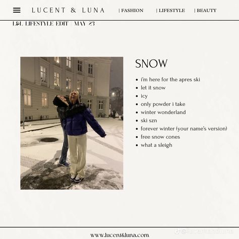 Snow Captions, Luna Fashion, Snow Cones, Nature Illustration, Snow Day, Let It Snow, Instagram Captions, Fashion Lifestyle, Winter Wonderland