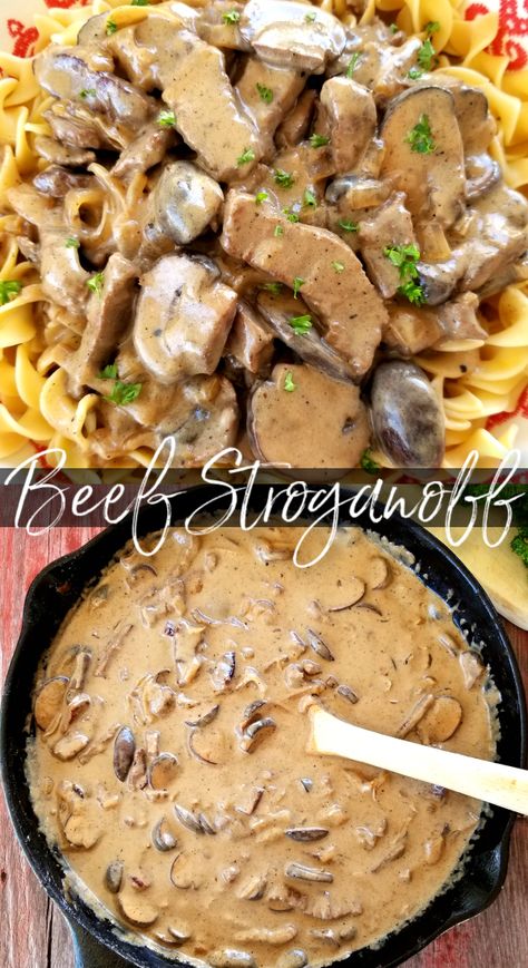 An easy-to-follow recipe for classic Beef Stroganoff with tender strips of steak, sliced mushrooms and sauteed onions in a velvety sauce made with real sour cream. Beef Stroganoff Pioneer Woman Ree Drummond, Sour Cream Beef Stroganoff, Beef And Noodles With Sour Cream, Cube Steak Beef Stroganoff, Classic Stroganoff Recipe, Beef Stroganoff With Sour Cream Easy, Beef Stroganoff With Cream Of Mushroom Soup And Sour Cream, Beef Stroganoff Classic, Beef Tip Stroganoff Recipe