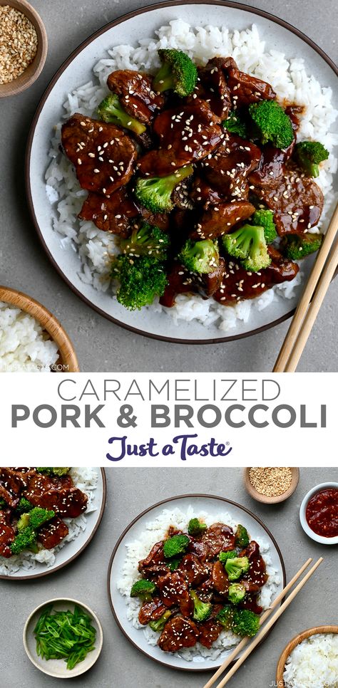 Top image: A top-down view of caramelized pork and broccoli atop a bed of rice on a plate with chopsticks. Bottom image: Two plates with white rice topped with caramelized pork and broccoli next to a small bowl with sliced scallions. Pork Stew Meat Recipes, Pork And Broccoli, Cubed Pork Recipes, Pork Broccoli, Asian Pork Recipes, Asian Pork Tenderloin, Pork Stew Meat, Pork Cutlet Recipes, Caramelized Pork