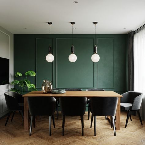 Dining Room Accent Wall, Green Accent Walls, Green Dining Room, Dining Room Accents, Dark Green Walls, Room Accent Wall, Dining Room Pendant, Pendant Lighting Dining Room, Dining Room Colors