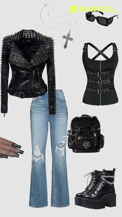 This punkrock jeans and leather jacket outfit is y2k style. The bandage tank top and chunky boots complete this streetwear outfit. Can be worn: date, party, cub, goingout, streetwear. #y2k #punkstyle #jeans #style Jeans And Leather Jacket Outfit, Jeans And Leather Jacket, Fashion Trend Board, Leather Jacket Outfit, Cute Date Outfits, Cute Date, Outfits Streetwear, Leather Jacket Outfits, Jacket Outfit