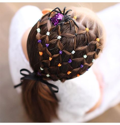 Halloween Buns, Spiderweb Hair, Spider Web Hair, Spider Hair, Halloween Hairstyles, Gymnastics Hair, Kid Hair, Girls Costumes, Girl Hairstyle