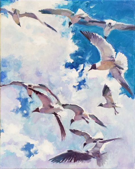 Flying Birds Watercolor, Seagulls Flying Painting, Flying Birds Painting, Bird Painting Acrylic, Oil Painting Inspiration, Feather Painting, Flying High, Sky Painting, Sea Painting