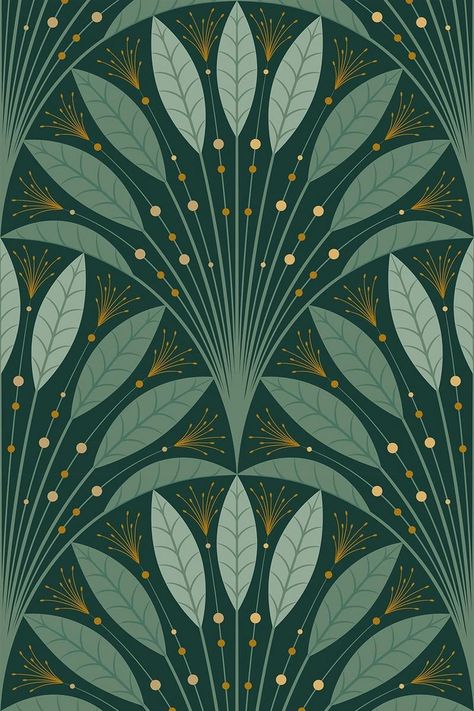 Wallpaper | Eco-Friendly Art Deco Leaf Fan Wallpaper | Bobbi Beck Art Deco Art Print, Art Deco Bathroom Wallpaper, Art Neauveau Wallpaper, Art Deco Wallpaper Bathroom, Art Deco Designs, Traditional Motifs Design, Beck Wallpaper, Art Deco Wall Paper, Green Art Deco Wallpaper