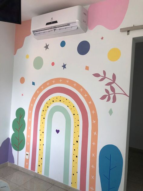 kids bedroom ideas Montessori Wall Painting, Mural Art Baby Room, Peel And Stick Wall Decals Decor, Wall Painting Ideas For Daycare, Easy Playroom Mural, Wall Painting Ideas Kids Room, Children Room Wall Painting, Easy Murals To Paint, Playroom Mural Ideas