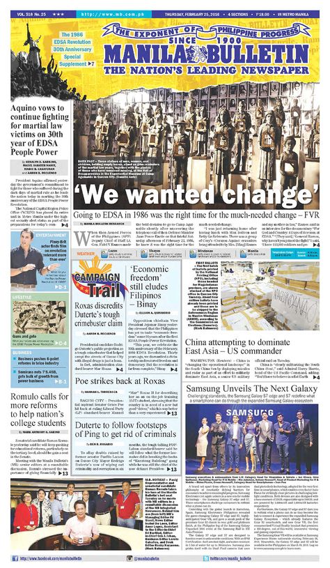 #20160225 #PHILIPPINES #Manila #ManilaBulletin Thursday FEB 25 2016 http://www.newseum.org/todaysfrontpages/?tfp_show=80&tfp_page=12&tfp_id=PHI_MB Publication Materials Layout, School Paper Layout Design, School Paper Layout, Manila Bulletin Newspaper, Broadsheet Design, Newspaper Reference, Paper Layout Design, Newspaper Ideas, Web Design School