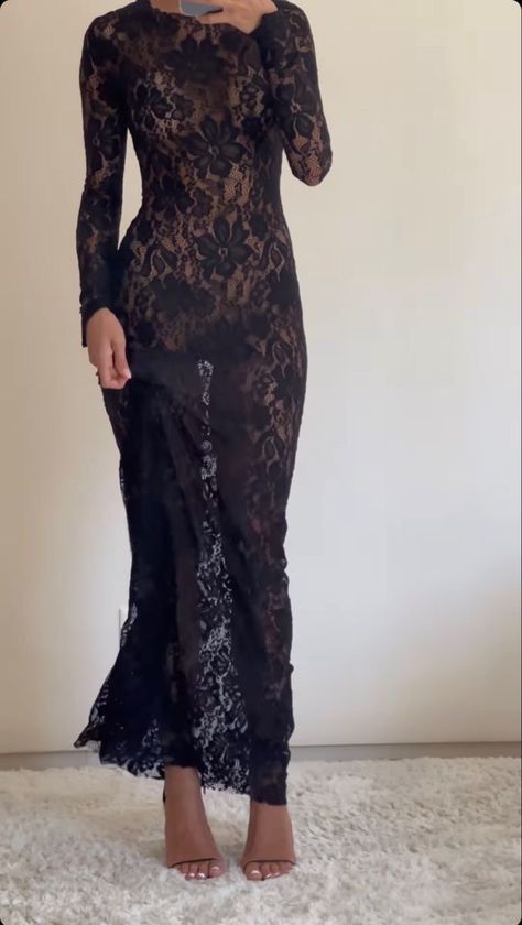 Sheer Lace Dress Long Sleeve, Soft Grunge Outfits Office, Lake Wedding Dress Guest, Carnegie Hall Outfit, Black Lace Dress Aesthetic, Italian Mob Wife Aesthetic, Black Lace Maxi Dress, Sheer Lace Dress, Lace Outfit