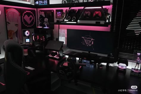 Gamer Setup Aesthetic Black, Girl Gaming Setup Black, Black And Pink Gaming Room, Pink Goth Gaming Setup, All Black Pc Setup, Black And Pink Setup, Gothic Pc Setup, Black And Pink Pc Setup, Pink And Black Pc Setup