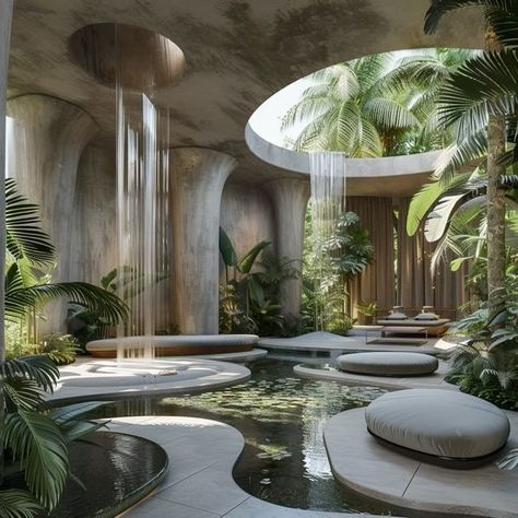 Tropical Dream House, Biophilic Spa, Spa Architecture, Tropical Spa, Nature Luxury, Castle House Design, Epoxy Countertops, Atrium Design, Dreamscape Architecture